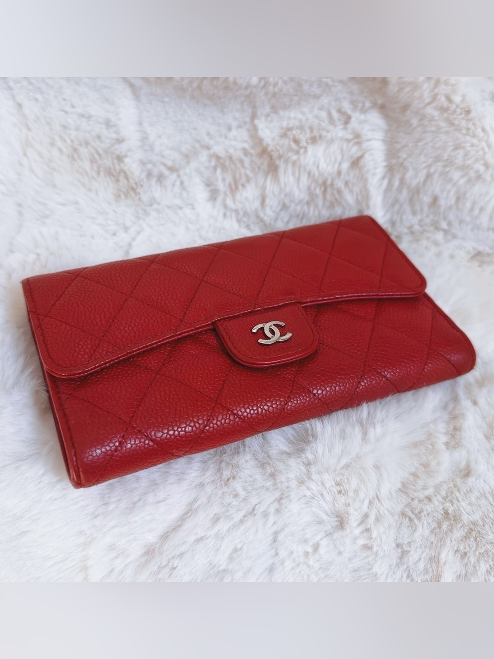 Chanel Red Caviar Classic Long Flap Wallet with silver-tone CC hardware